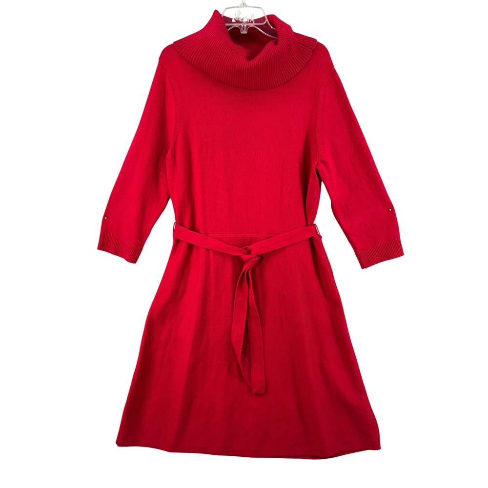 Talbots Sweater Dress Womens XL Red Cowl Neck Belted Midi Knit Career